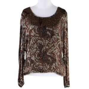 Frank Usher Sequin Top, Brown Black Beaded Silk Blouse Medium
